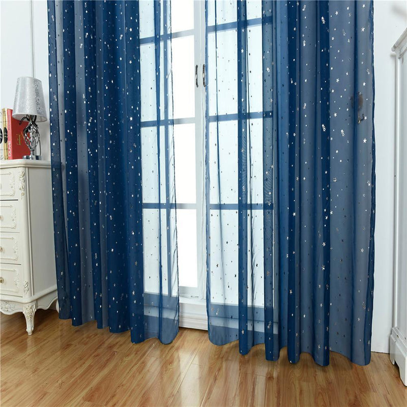 Star Print Tulle Curtains Window Drapes Sheer Purdah for Home(Dark Blue)