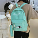 5pcs/set Cute Cat Canvas Bags Travel Backpack Shoulder Clutch Bag (Green)