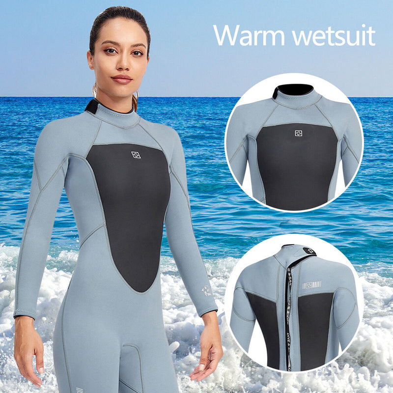 3mm Neoprene Wetsuit Women Back Zipper Full Diving Suits (Light Grey S) Newly