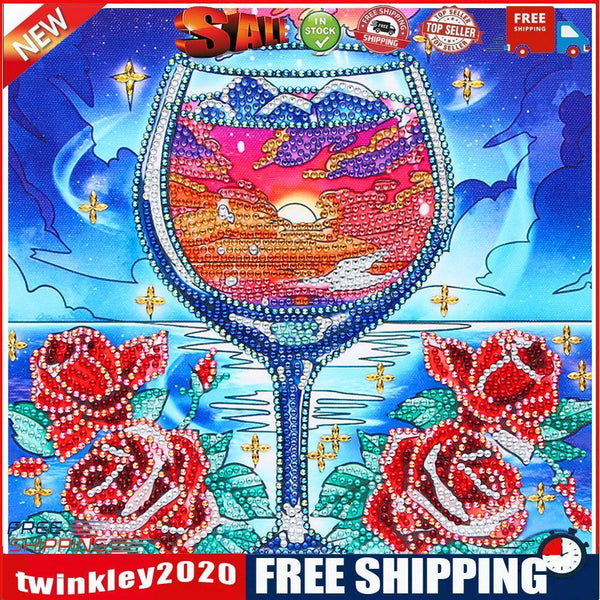 5D Wine Glass Sunset Diamond Painting Partial Special Shaped Wall Decor