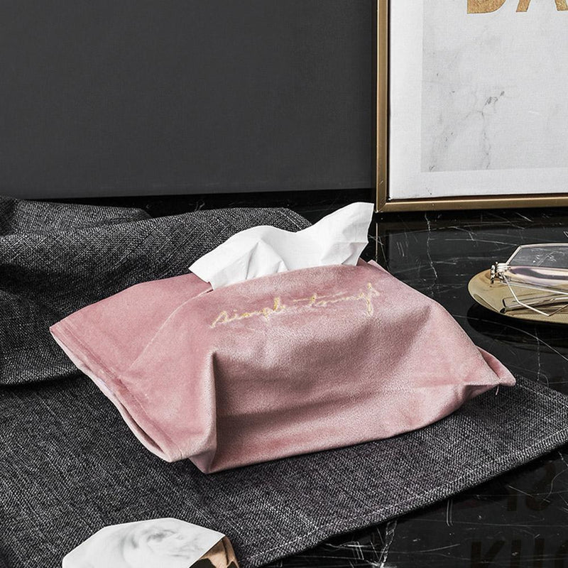 Embroidery Velvet Tissue Box Napkin Holder Car Paper Towel Container (Pink)