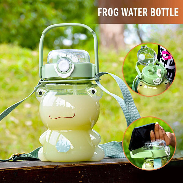 Frog Water Bottle with Straw and Strap Plastic Drinking Bottle Leakproof~