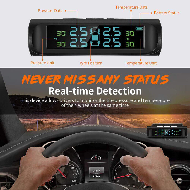 Solar Car TPMS LCD Auto Tire Tyre Pressure Monitoring System w/4 External Sensor
