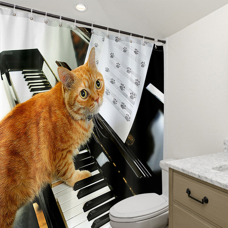 Cat Playing Piano Shower Curtain Anti Splash Bathroom Curtain Hanging Covers