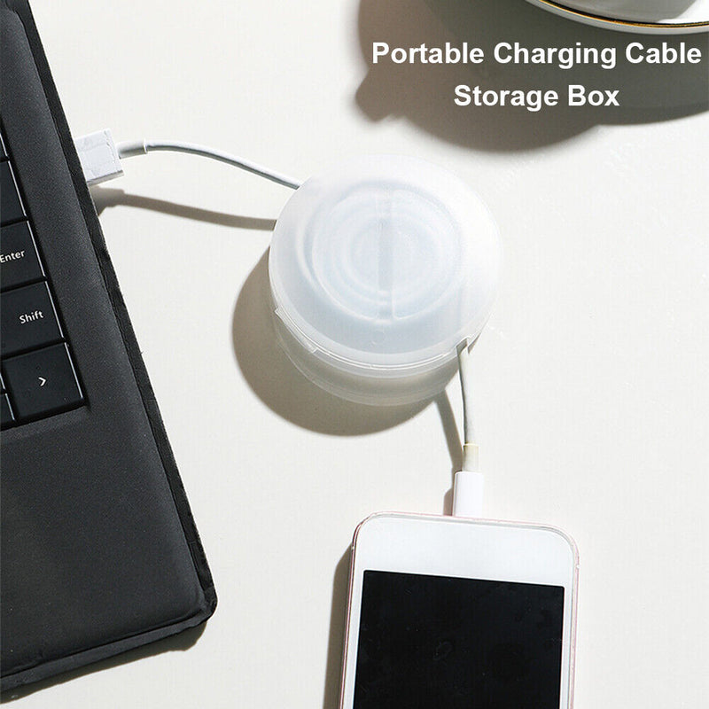 Portable Round Phone Data Cable Storage Box Rotatable Case (Transparent) Newly
