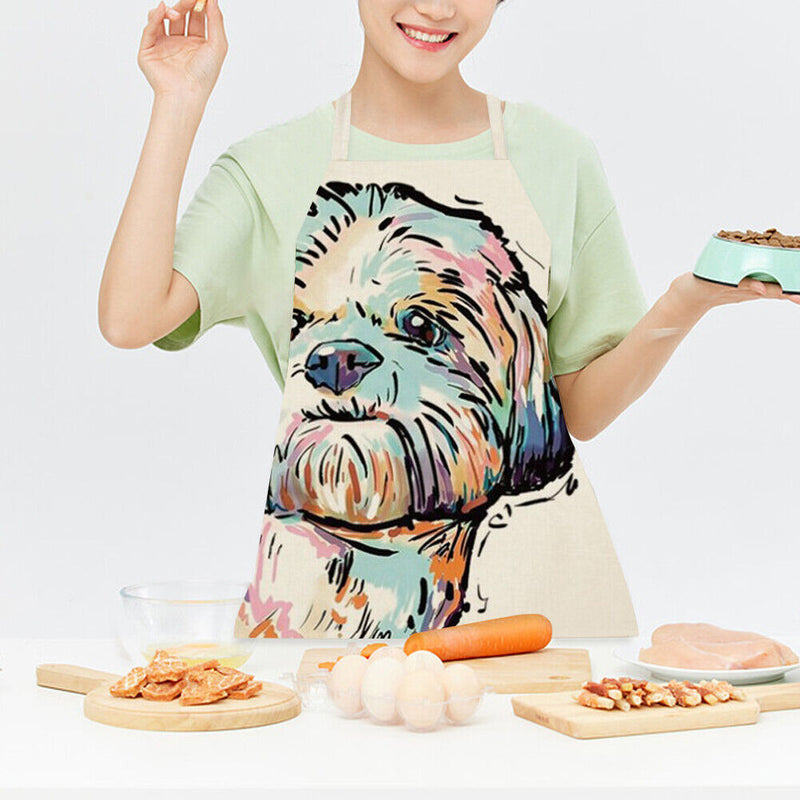 Linen Dog Print Kitchen Aprons Bibs for Women Men Household Dinner Cooking