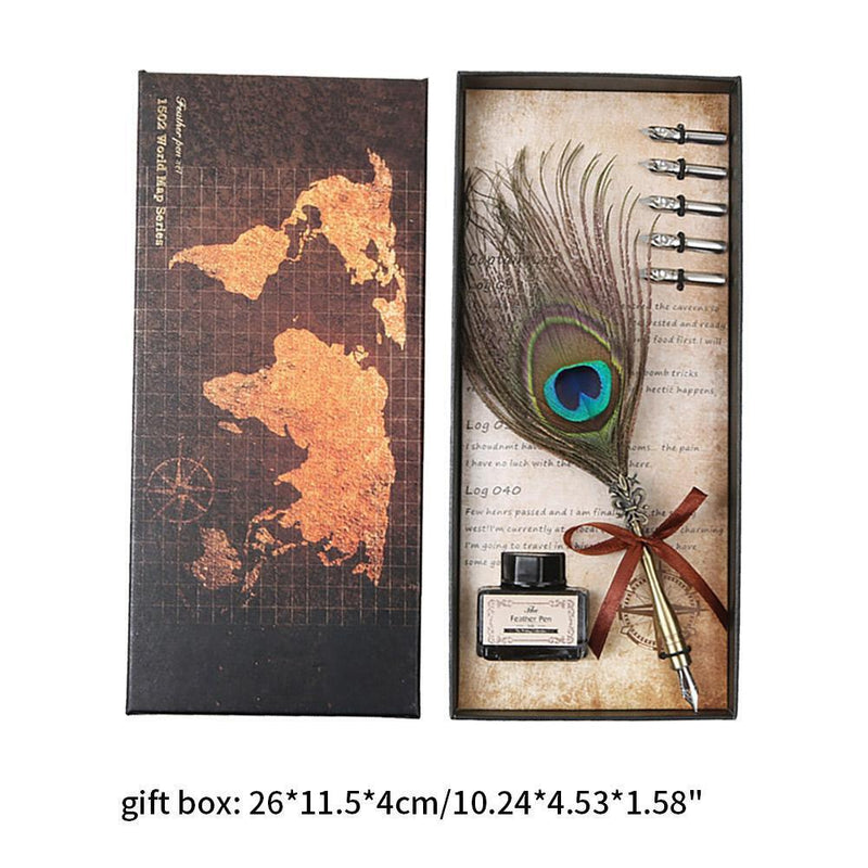 Retro Peafowl Feather Dip Pen Writing Ink Set Fountain Pens Stationery Gift