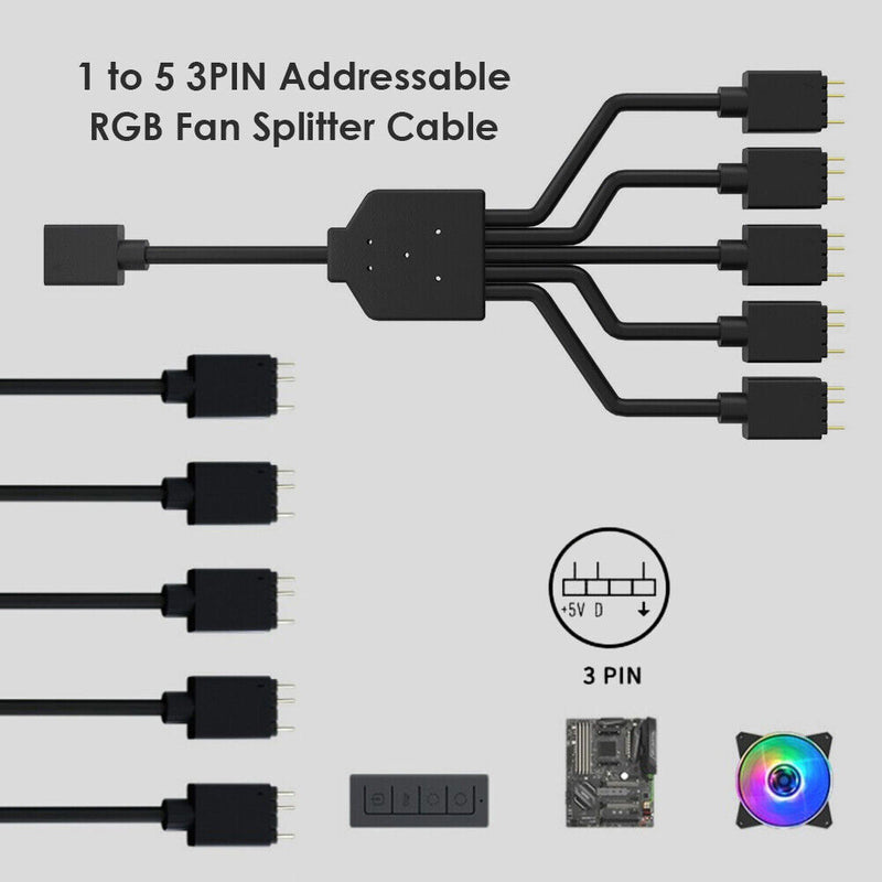 1 to 5 3PIN Addressable RGB Fan Splitter Cable Cord for Chassis PC Case CPU