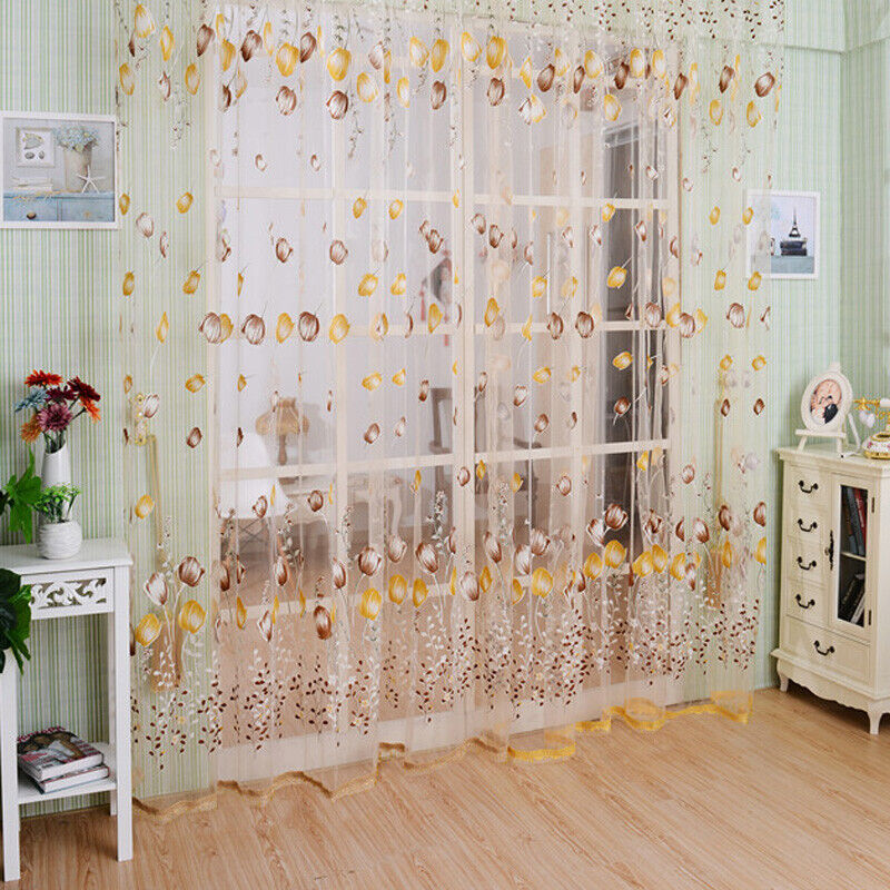 Tulip Flower Yarn Sheer Window Curtain Scarf Drapes for Bedroom (Orange)