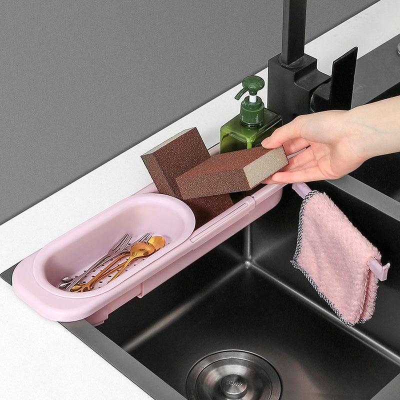 Telescopic Sink Shelf Soap Sponge Holder Drainer Rack Storage Basket (Pink)