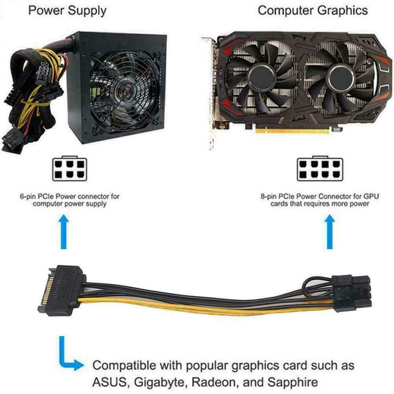 SATA 15 pin Male to 8 pin 6+2 PCI-Express PCIe Video Power Adapter. Graphic E3Y9