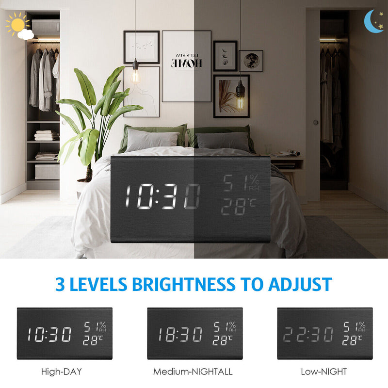 Wooden Digital Alarm Clock White LED Light Bedside USB Battery Voice Control US