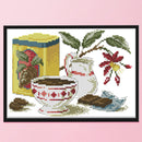 14CT Stamped Cotton Cross Stitch DIY Printed Needlework (Red Tea Set)