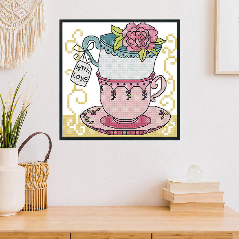 Teacup Cross Stitch Kit 14CT Stamp Embroidery DIY Needlework (J357 15x15cm)
