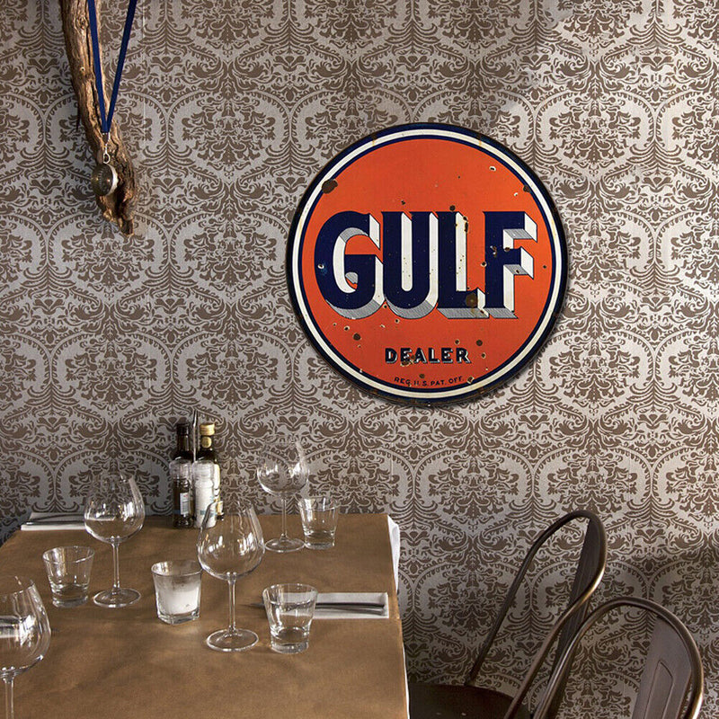 GULF Letter Metal Tin Painting Retro Round Tin Plate for Cafe Garage Decoration