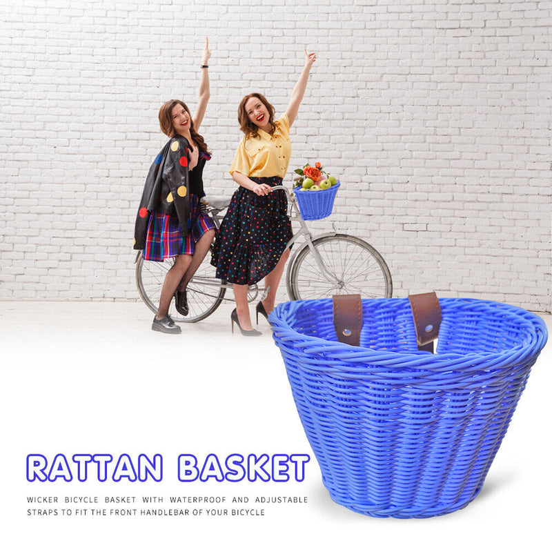 Kids Bike Basket Women Students Bicycle Rattan Weaving Front Basket (Blue) Newly