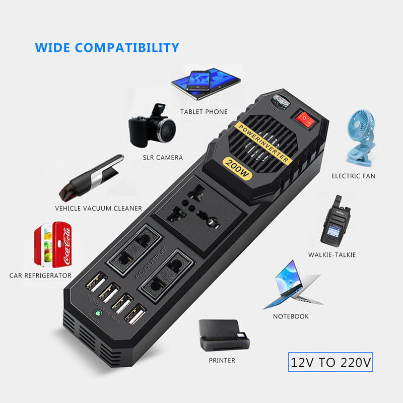 200W Car Inverter DC 12V to AC 220V Adapter USB Charger Socket Power Converter