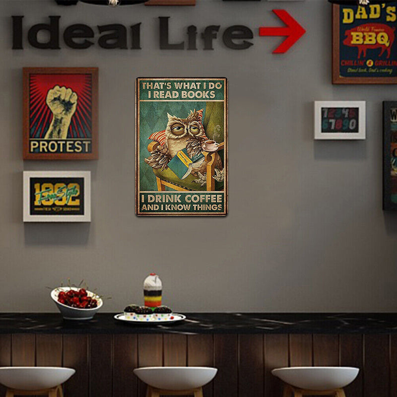 Retro Book-reading Owl Metal Painting for Bar Pub Tin Plaques Wall Sign (3)