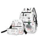 3pcs/Set Cute Cartoon Print Unisex Canvas Backpacks Shoulder Bags (White)