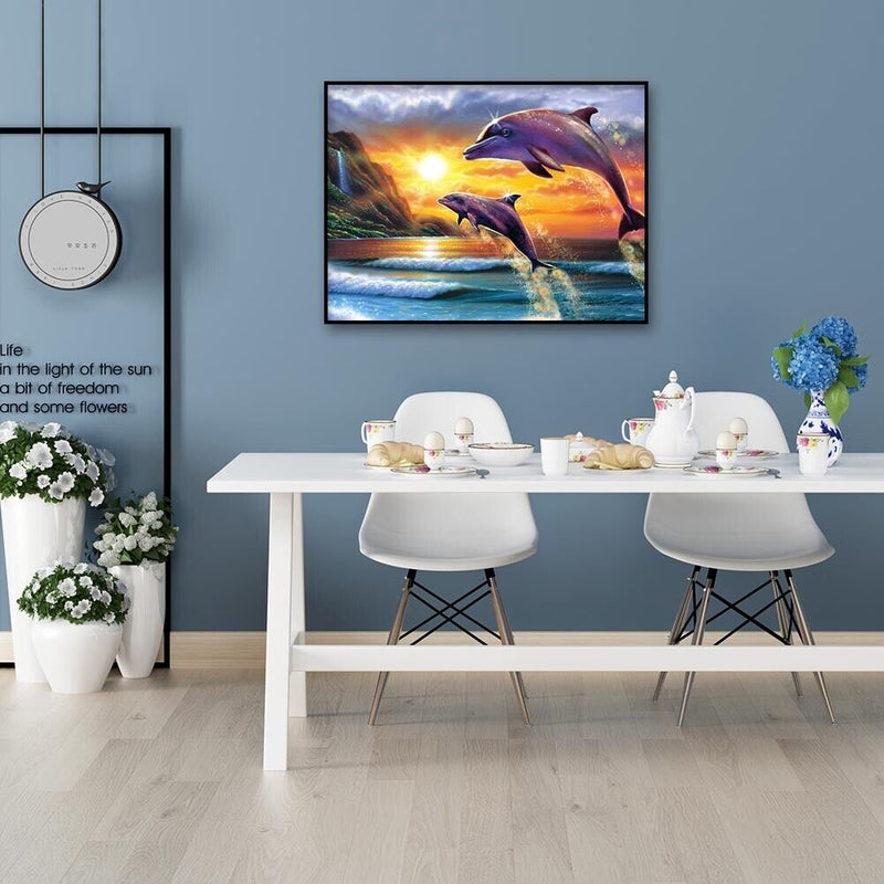 16x12 inch Full Round Diamond Painting Sunset Dolphin Mosaic Rhinestone Picture