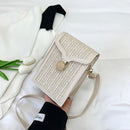 Straw Woven Phone Bag Women Weave PU Shoulder Handbag Small Purse (Beige)