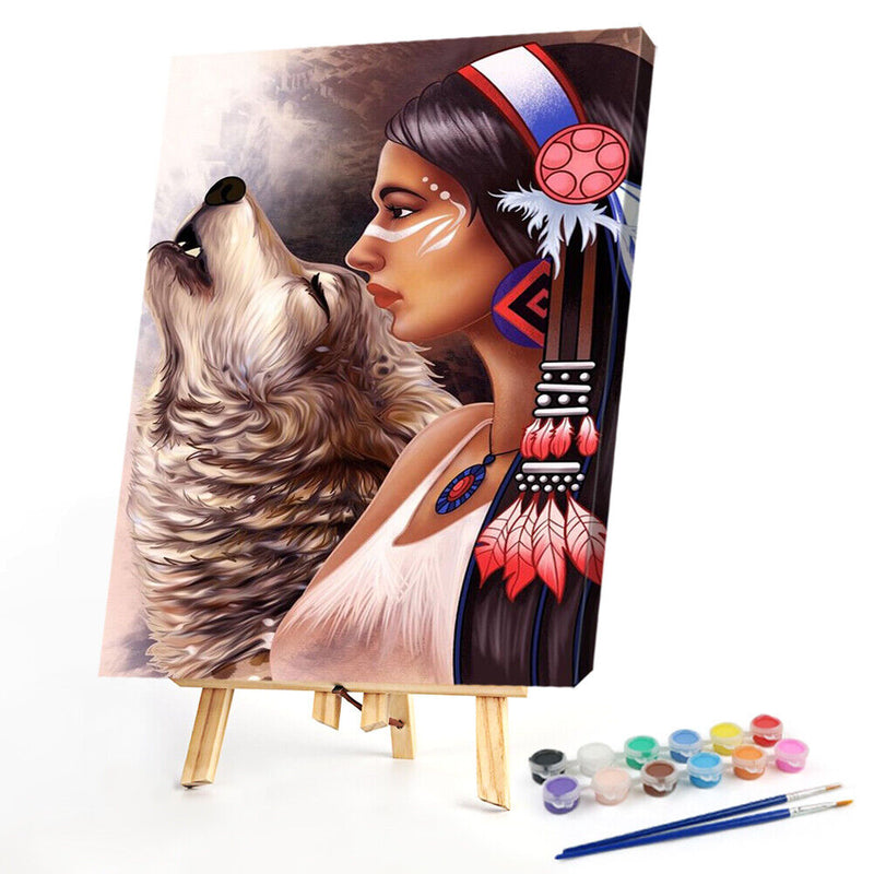 DIY Hand Painted Paint By Numbers Oil Canvas Pictures Aboriginal Girl Wolf Kit