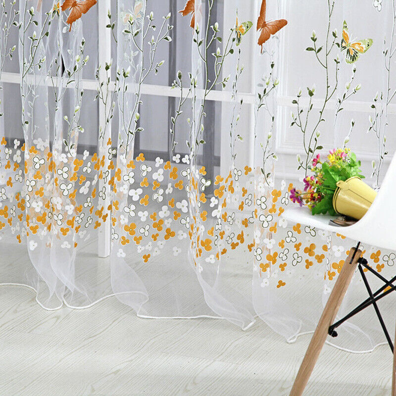 Butterfly Floral Tulle Voile Window Curtain Drape Panel (Rose 100X200cm