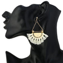 Women Tassel Earrings Fan Shaped Bohemian Dangle Earrings Jewelry(White)