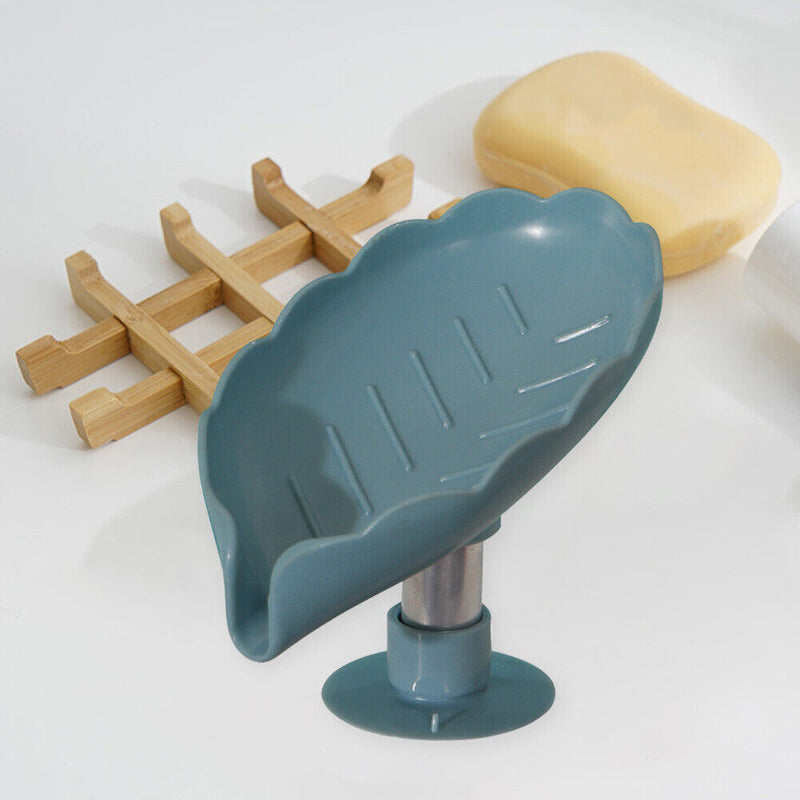 Leaf Shape Soap Drain Holder Punch-Free Toilet Bathroom Tray (Light Blue)