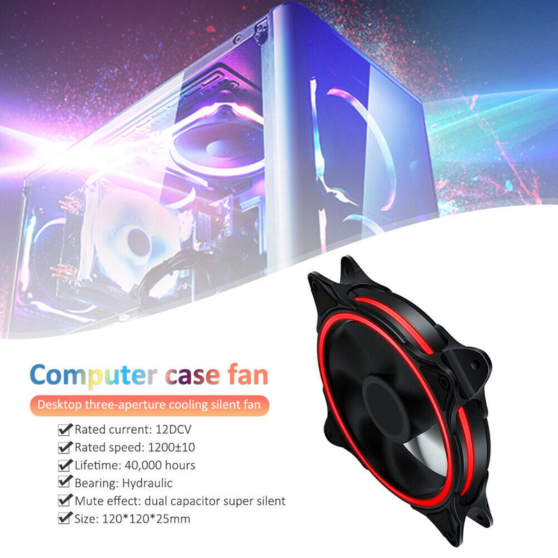 120mm PC Case Fan Halo Triple-Ring Chassis Cooling Fan for Desktop (Red) Newly