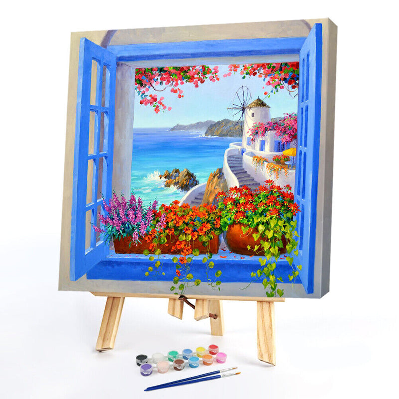 Frameless Oil Paint By Numbers Window Scenery DIY Canvas Picture Craft Kit Newly