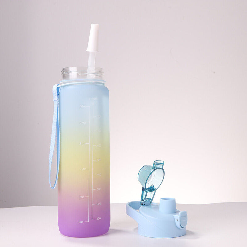 Outdoor Water Bottle with Straw BPA Free Gradient Sport Drinking Cup (Blue)