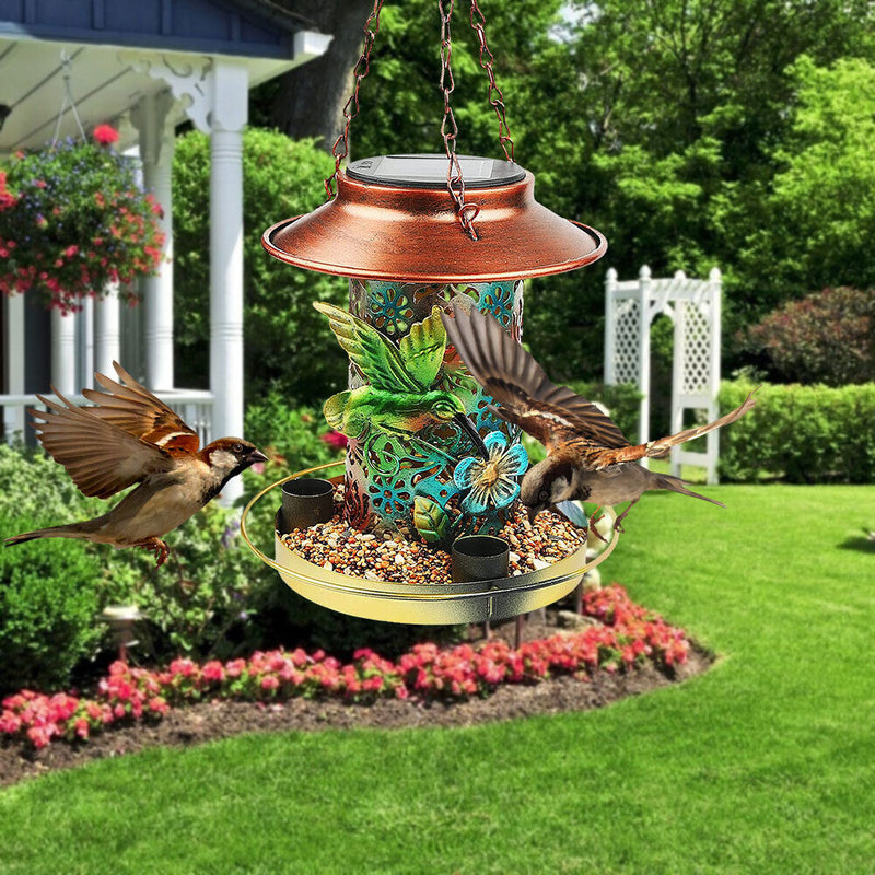 Metal Bird Feeders Outdoor Hanging Solar Lawn Lantern Light Garden Decor