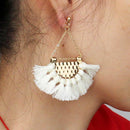 Women Tassel Earrings Fan Shaped Bohemian Dangle Earrings Jewelry(White)