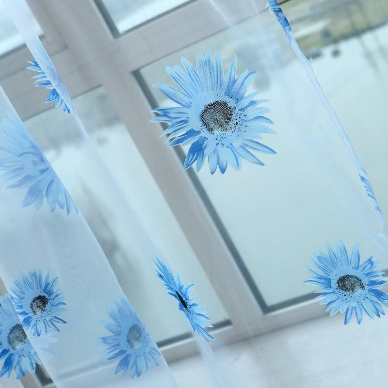 Sunflower Print Window Door Curtain Tulle Curtains for Living Room (Blue)