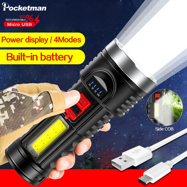 Portable USB Rechargeable COB Super Bright Light Electric Torch Hand Flashlight