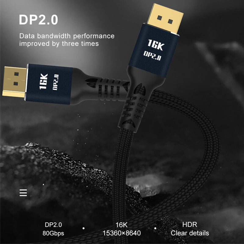 2m DisplayPort 2.0 Male Braided Cable 16K 60Hz 10K 60Hz HD Video DP Adapter