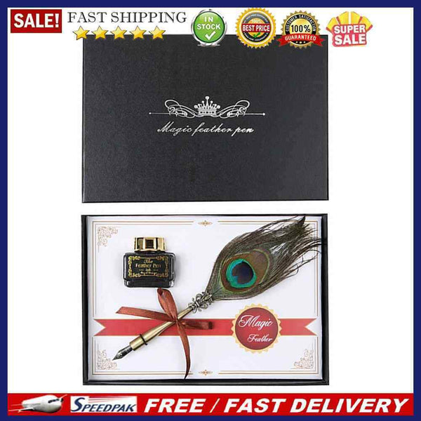 Retro Calligraphy Peafowl Quill Feather Dip Pen Writing Ink Set (Multicolor