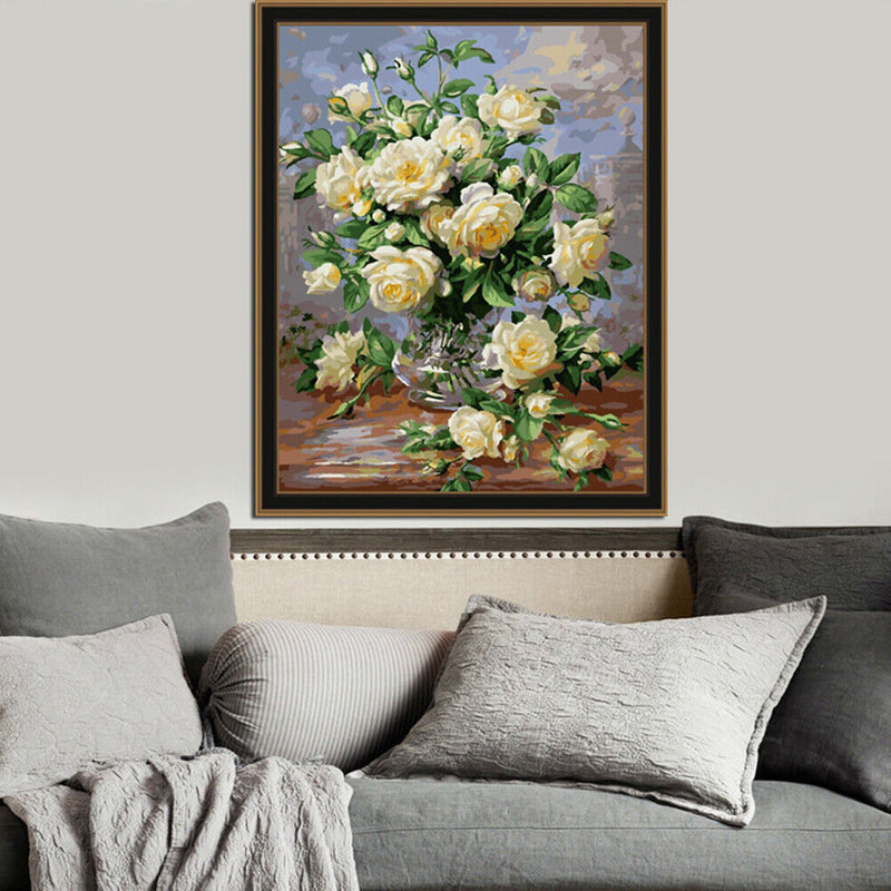30x40cm White Rose DIY Paint By Numbers Oil Painting Kit Canvas