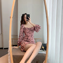 Square Low Collar Dress Women Puff Sleeves Leopard Print Tunic Summer Dresses