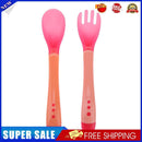 Baby Feeding Safety Soft Spoon Fork Set Temperature Sensing Flatware(Pink)