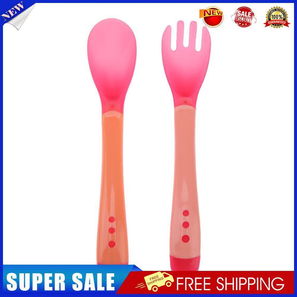 Baby Feeding Safety Soft Spoon Fork Set Temperature Sensing Flatware(Pink)