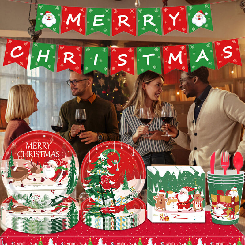 9pcs/set Xmas Party Tableware Waterproof Xmas Paper Cups Plates Festive Supplies