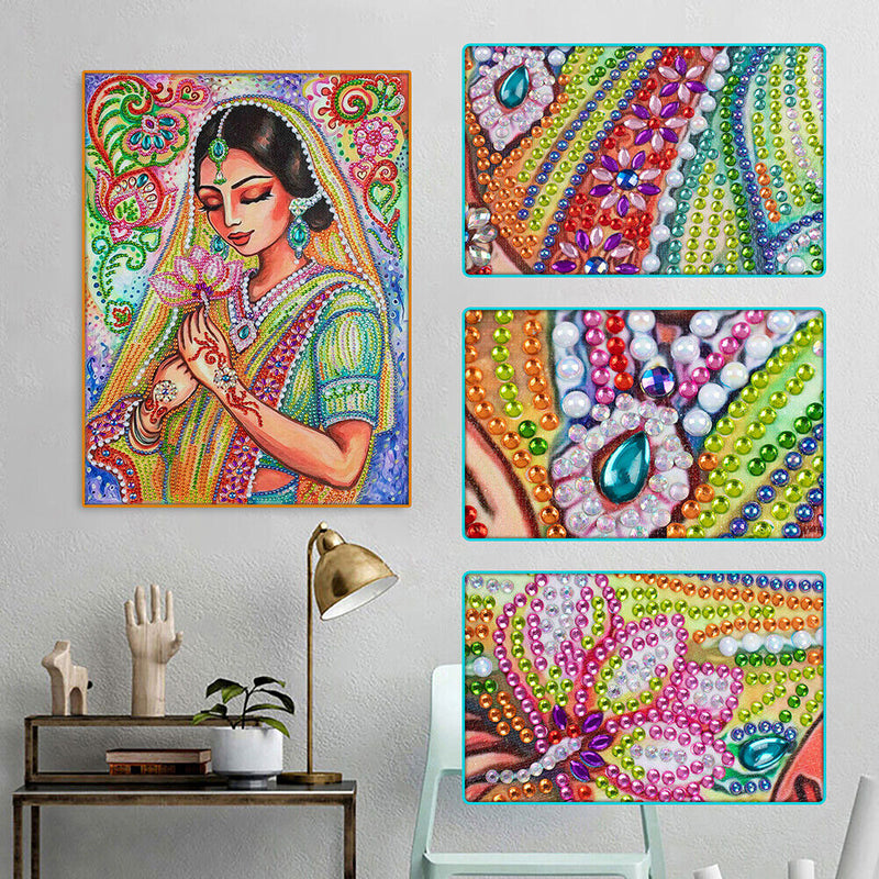 Partial Special Diamond Painting Kit Girl Holding Lotus Rhinestone Picture