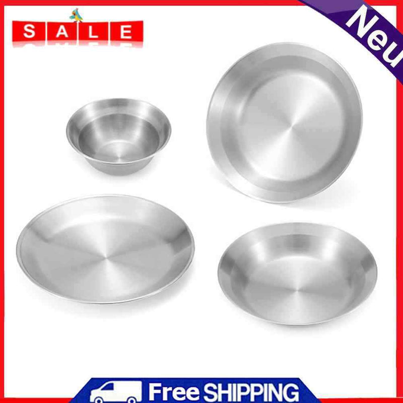 4pcs/Set Outdoor Stainless Steel Dinner Plate Large Capacity Picnic Dish Bowl