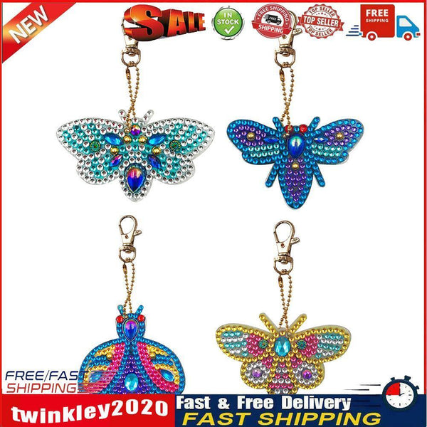 4pcs DIY Full Drill Diamond Key Chain Bee Pendant Cross Stitch Keyrings Newly