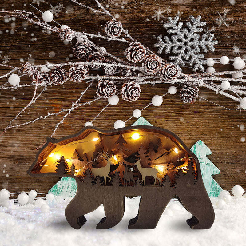 Wooden Ornaments Hollow Multi-Layer Animal Scene Display with Light (Bear) Newly