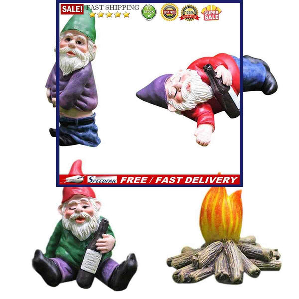 Garden Decoration Figures, Mini Fairy Garden Gnome Dwarf Statue Funny, 4 Pa