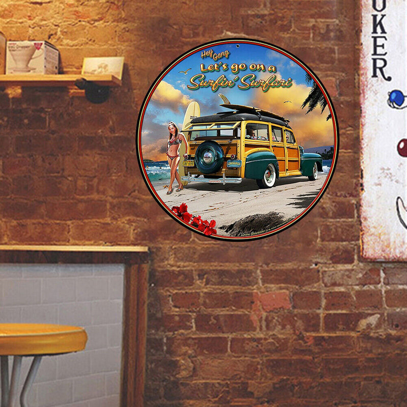 Beach Car Round Metal Plate Tin Sign Plate for Bar Pub Club Wall Art Poster Kit