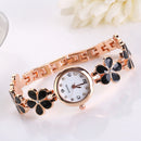 Girls Chic Fashion Flower Rose Golden Bracelet Wrist Watch Black Newly